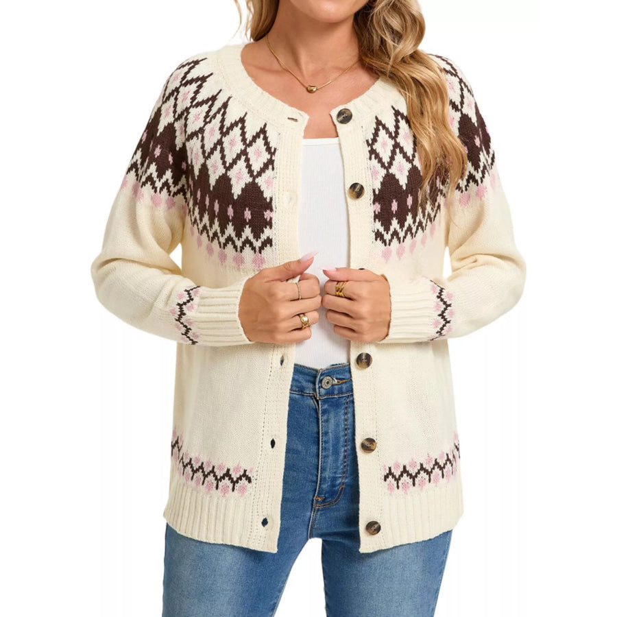 Fair Isle Patterned Button-Down Knit Cardigan Apricot / S Apparel and Accessories