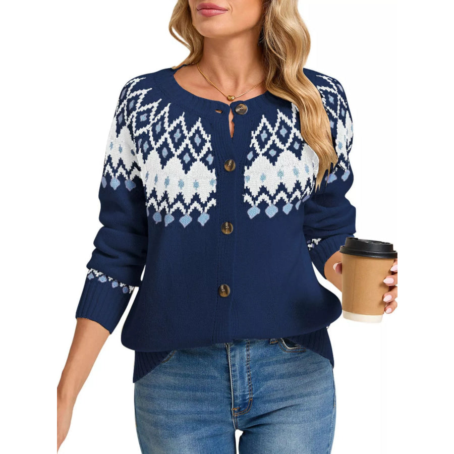 Fair Isle Patterned Button-Down Knit Cardigan Blue / S Apparel and Accessories