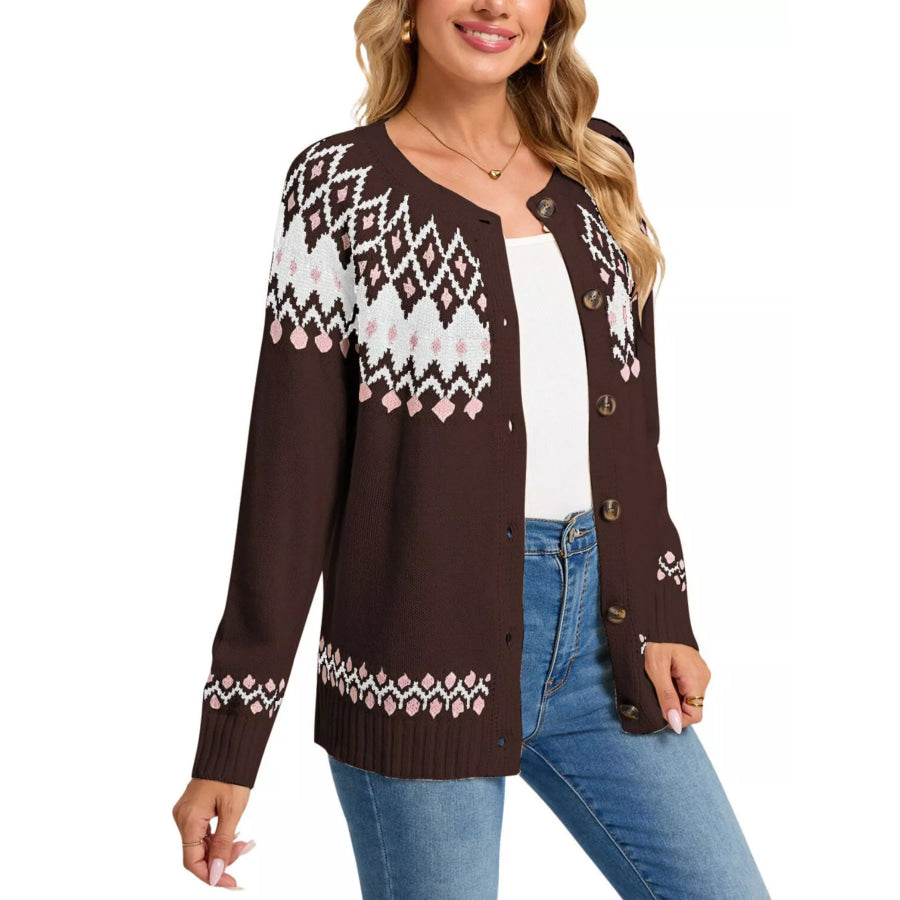 Fair Isle Patterned Button-Down Knit Cardigan Brown / S Apparel and Accessories