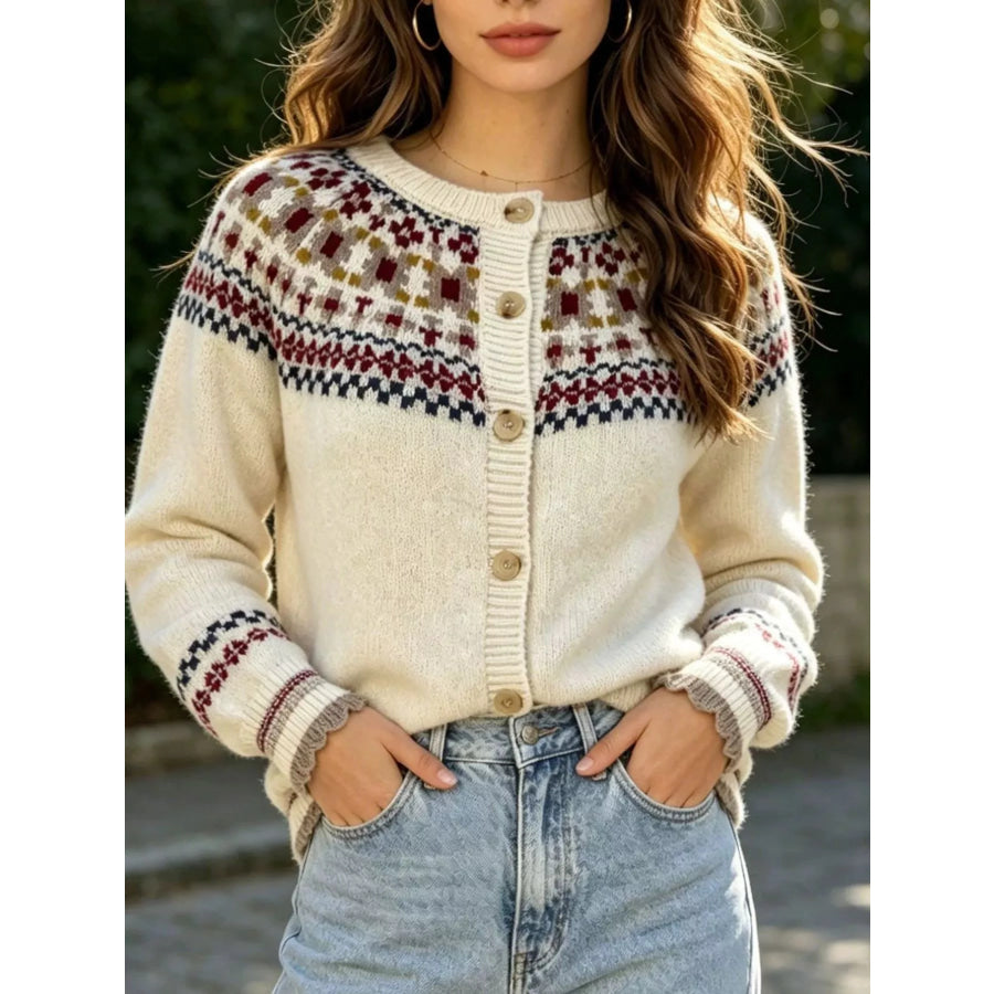 Fair Isle Patterned Button-Down Knit Cardigan Off-white / S Apparel and Accessories