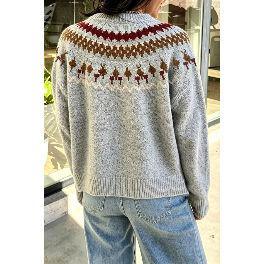 Fair Isle Patterned Crew Neck Sweater Light Gray / S Apparel and Accessories