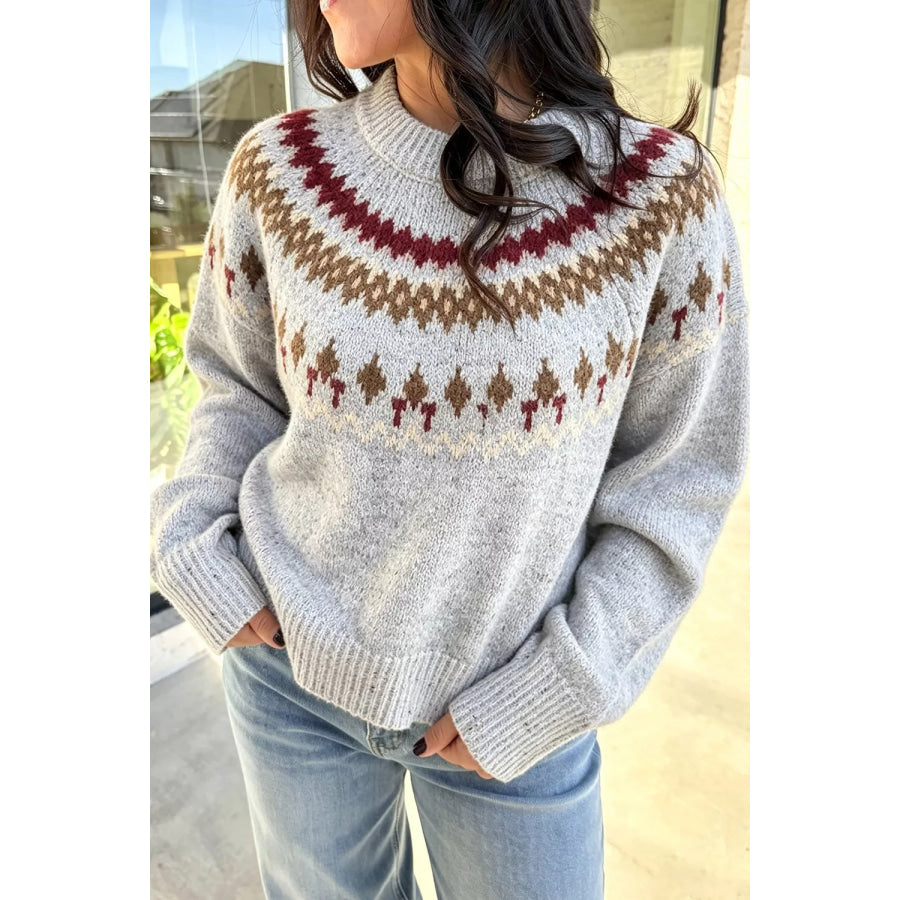Fair Isle Patterned Crew Neck Sweater Light Gray / S Apparel and Accessories