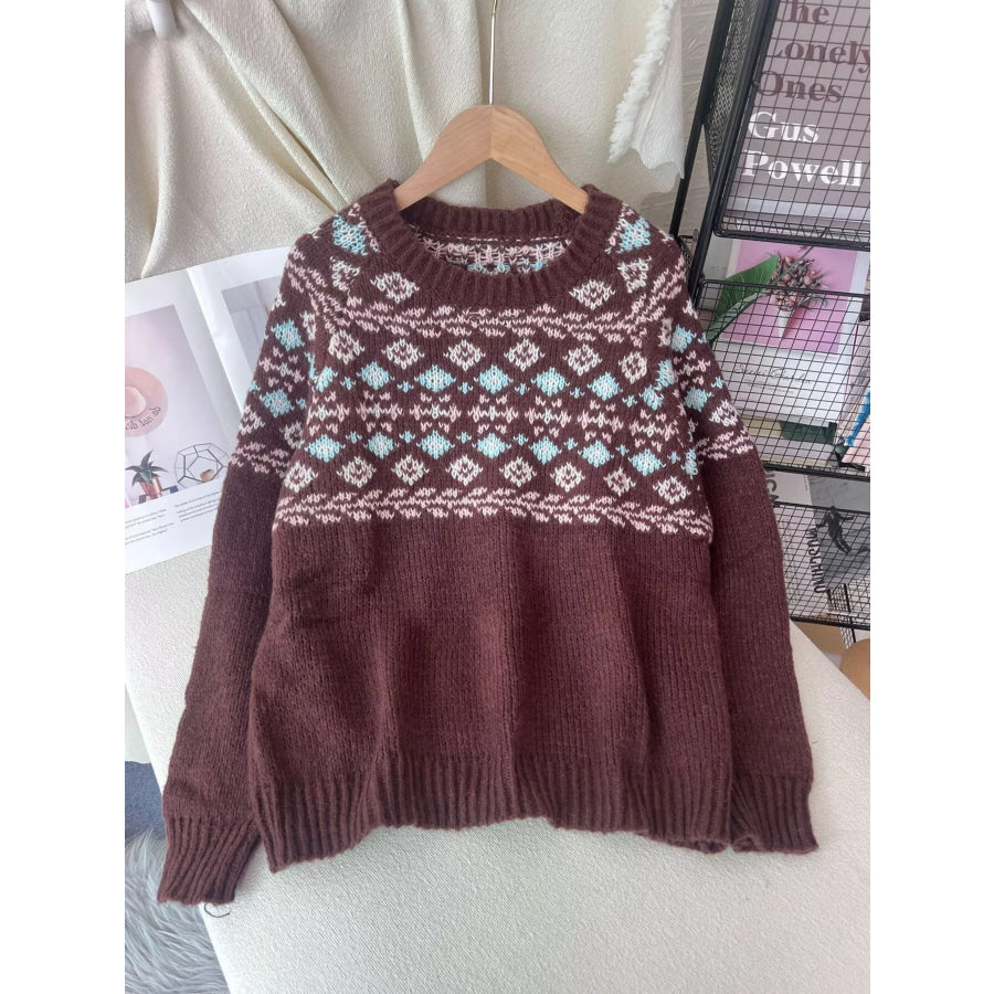 Fair Isle Patterned Round Neck Sweater Apparel and Accessories