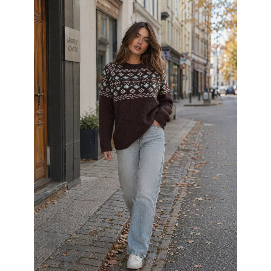 Fair Isle Patterned Round Neck Sweater Apparel and Accessories
