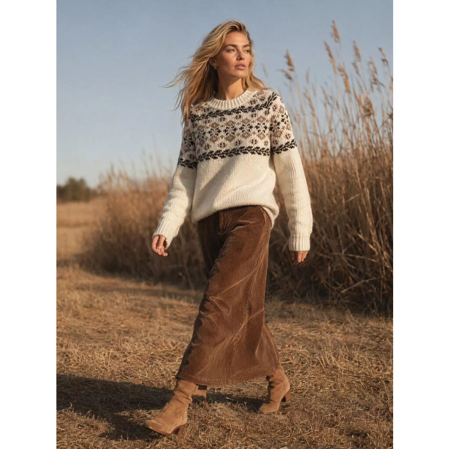 Fair Isle Patterned Round Neck Sweater Apparel and Accessories