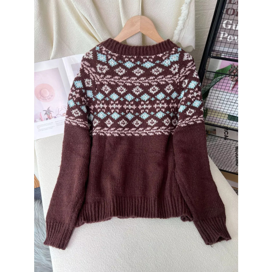 Fair Isle Patterned Round Neck Sweater Apparel and Accessories