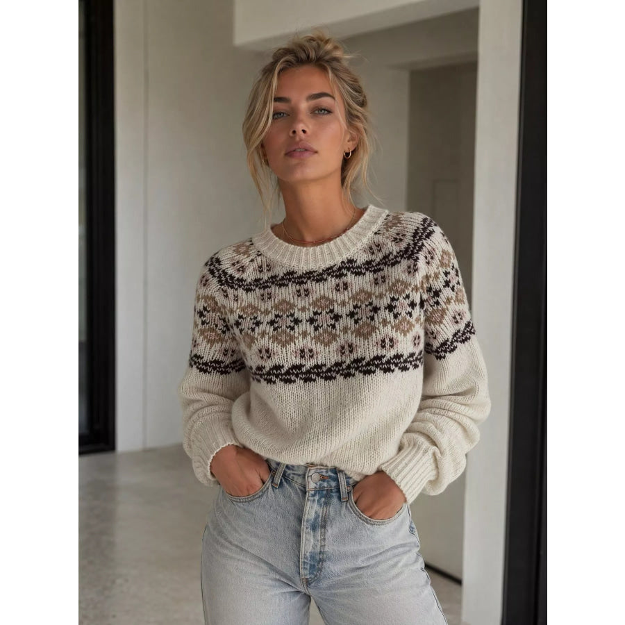 Fair Isle Patterned Round Neck Sweater Apparel and Accessories