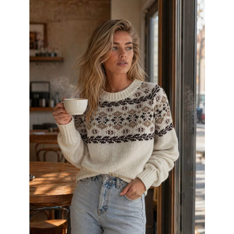 Fair Isle Patterned Round Neck Sweater White / S Apparel and Accessories