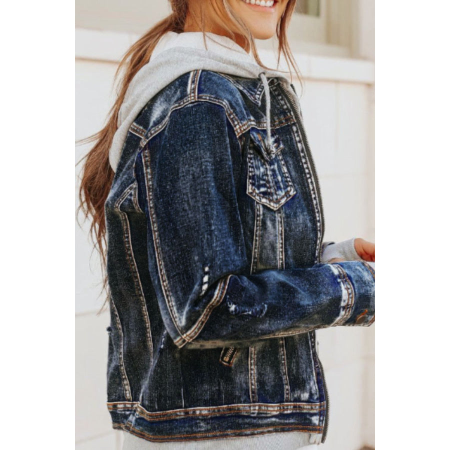 Fake Two-Piece Hooded Zip-Up Denim Jacket Apparel and Accessories