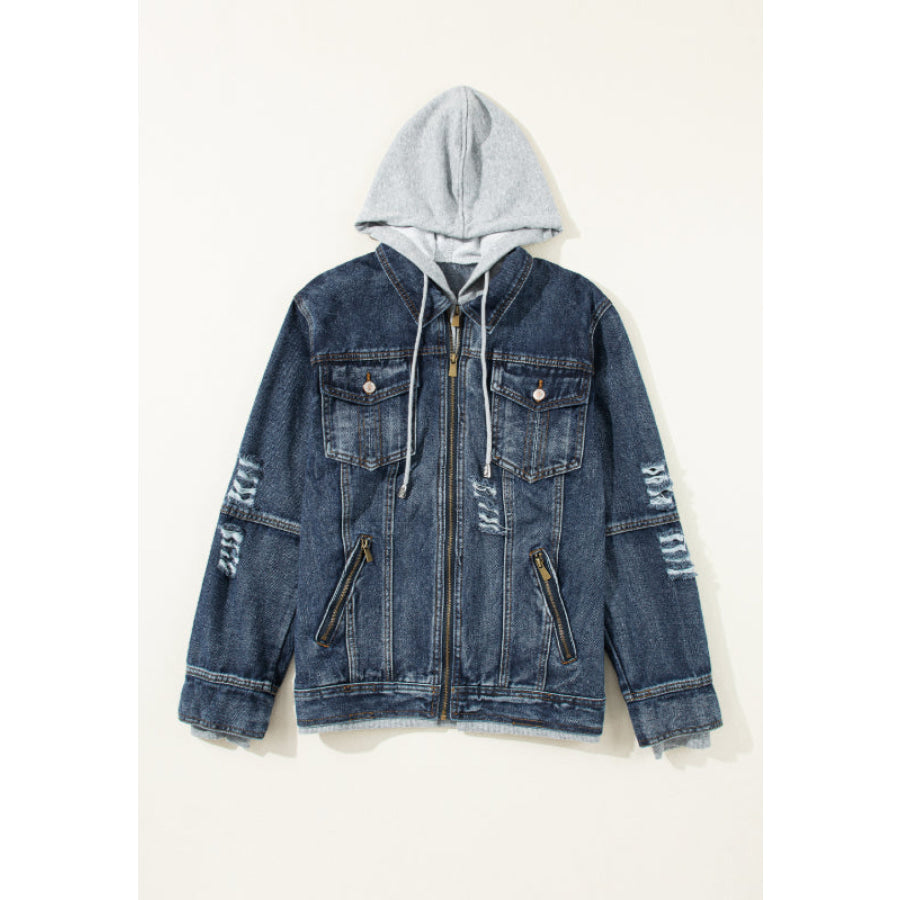 Fake Two-Piece Hooded Zip-Up Denim Jacket Apparel and Accessories