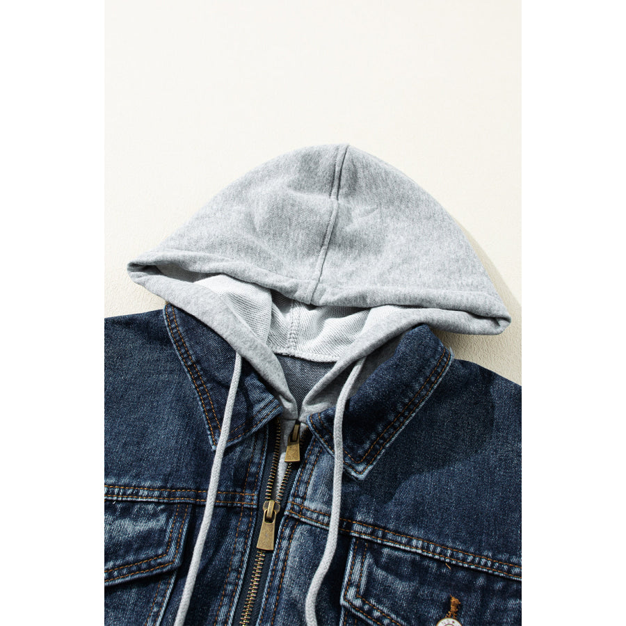 Fake Two-Piece Hooded Zip-Up Denim Jacket Apparel and Accessories