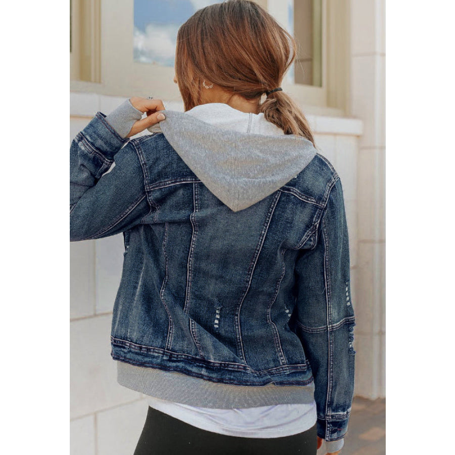 Fake Two-Piece Hooded Zip-Up Denim Jacket Apparel and Accessories