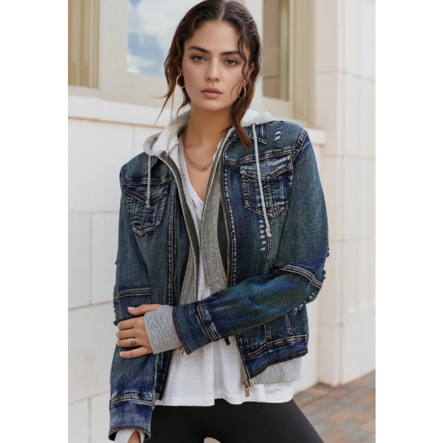 Fake Two-Piece Hooded Zip-Up Denim Jacket Apparel and Accessories