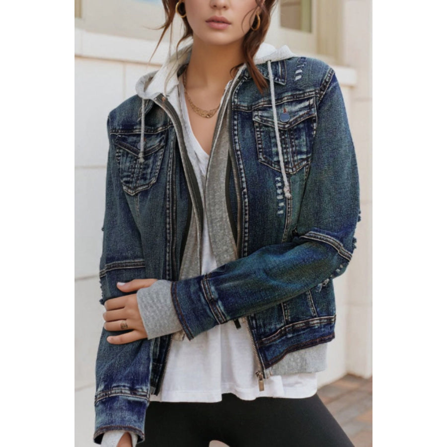 Fake Two-Piece Hooded Zip-Up Denim Jacket Dark Blue / S Apparel and Accessories