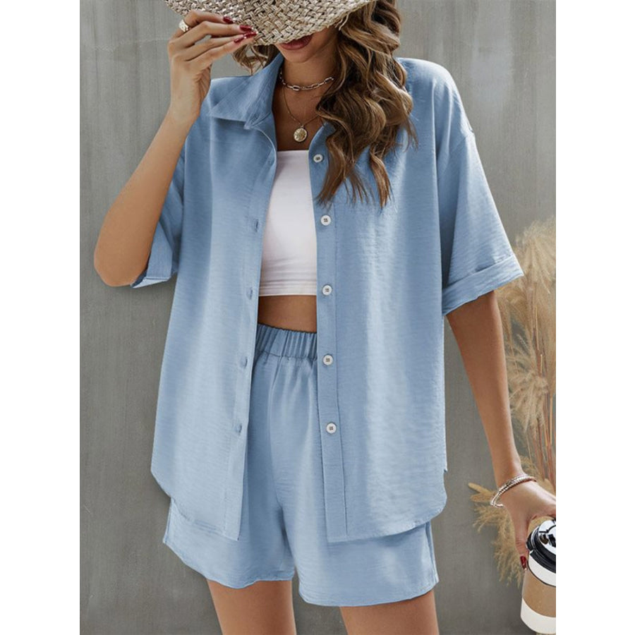 FAM-FAM Button Up Half Sleeve Top and Shorts Set Light Blue / S Apparel and Accessories