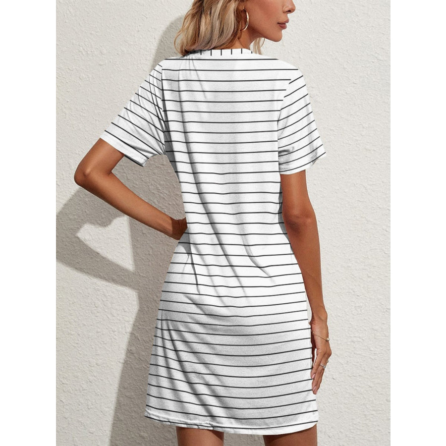 FAM-FAM Pocketed Striped Round Neck Short Sleeve Dress Apparel and Accessories