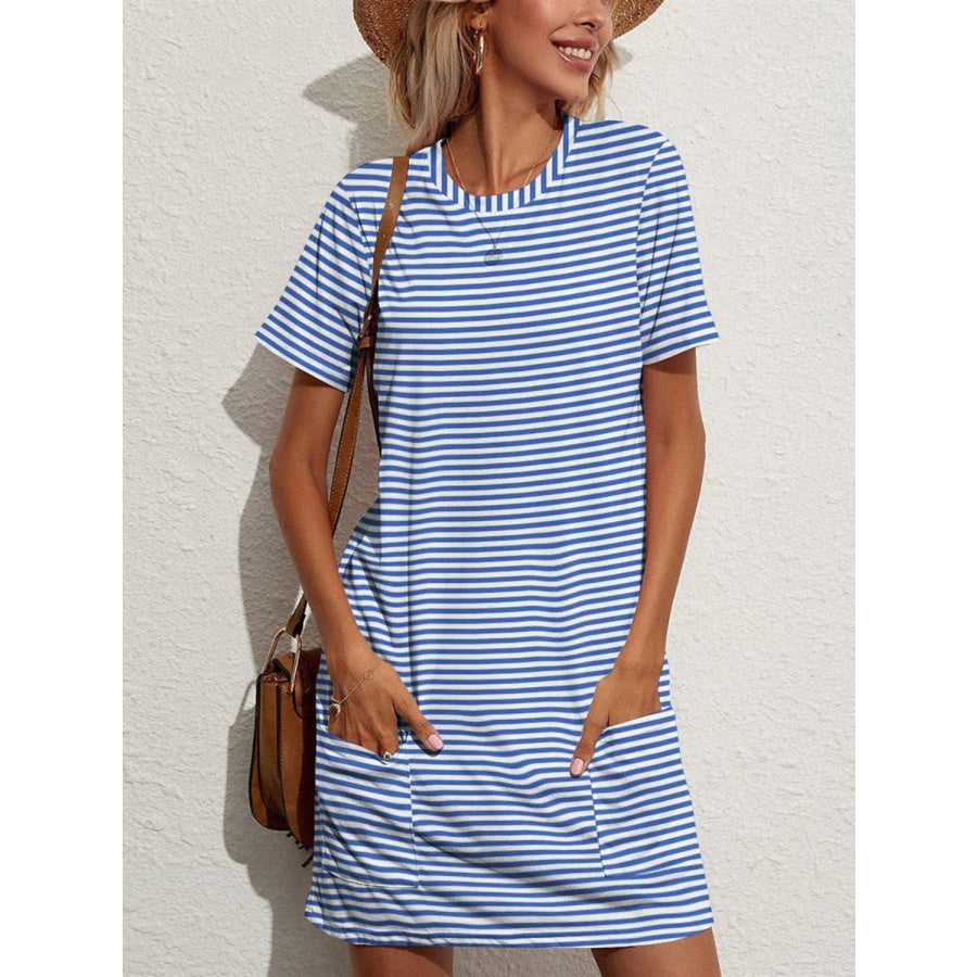 FAM-FAM Pocketed Striped Round Neck Short Sleeve Dress Blue / S Apparel and Accessories