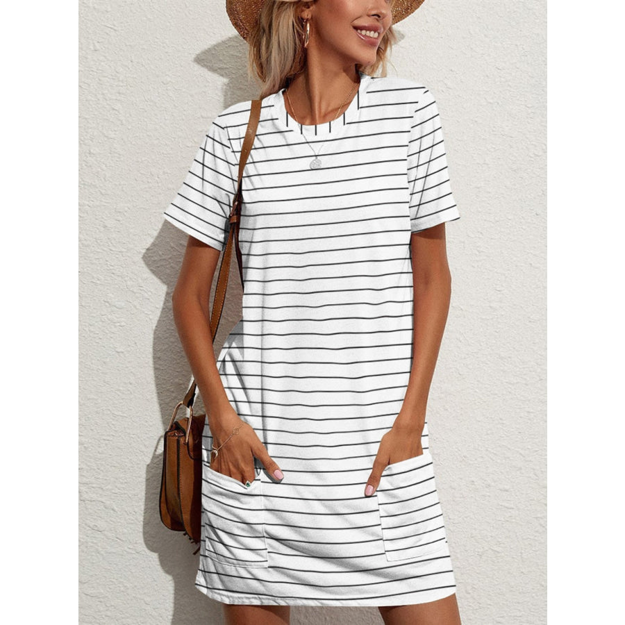 FAM-FAM Pocketed Striped Round Neck Short Sleeve Dress White / S Apparel and Accessories