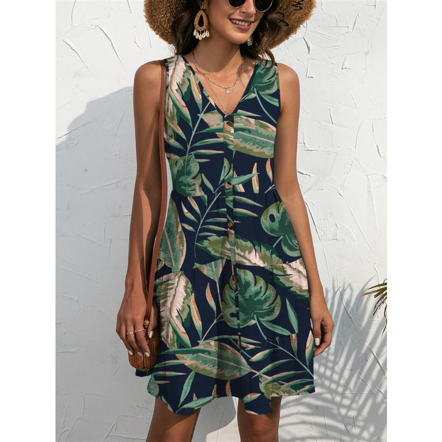 FAM-FAM Printed V-Neck Sleeveless Mini Dress Navy / S Apparel and Accessories