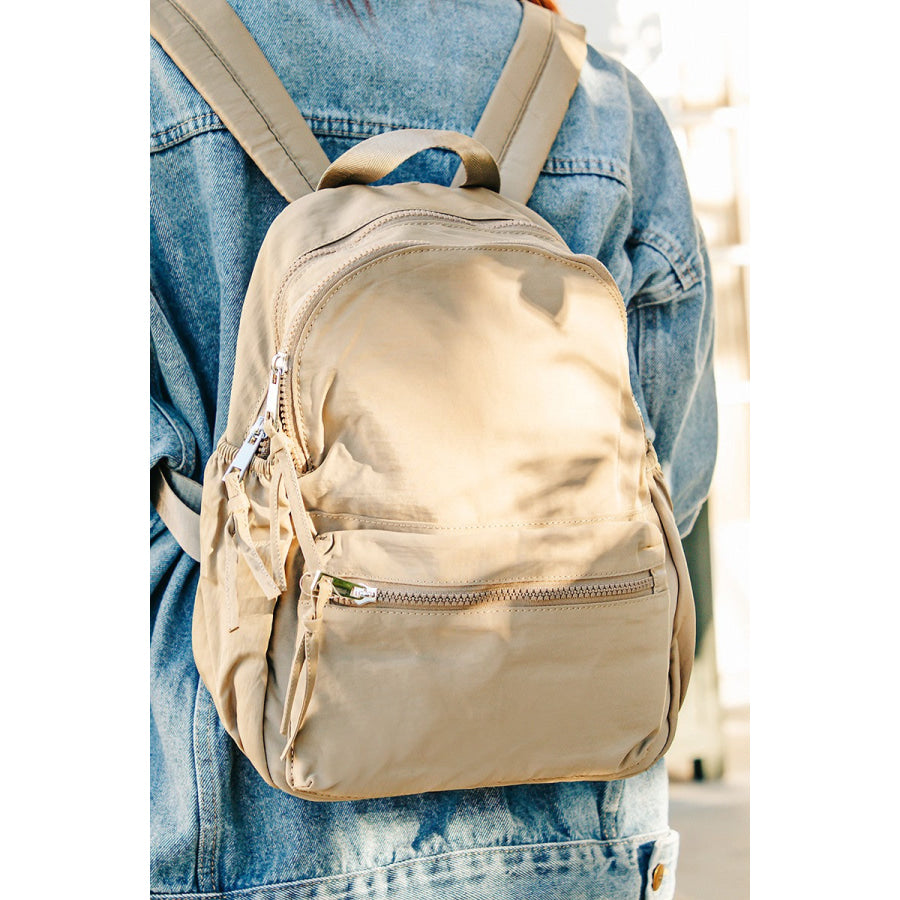 Fame Adjustable Strap Nylon Backpack Bag with Side Pockets Khaki / One Size Apparel and Accessories