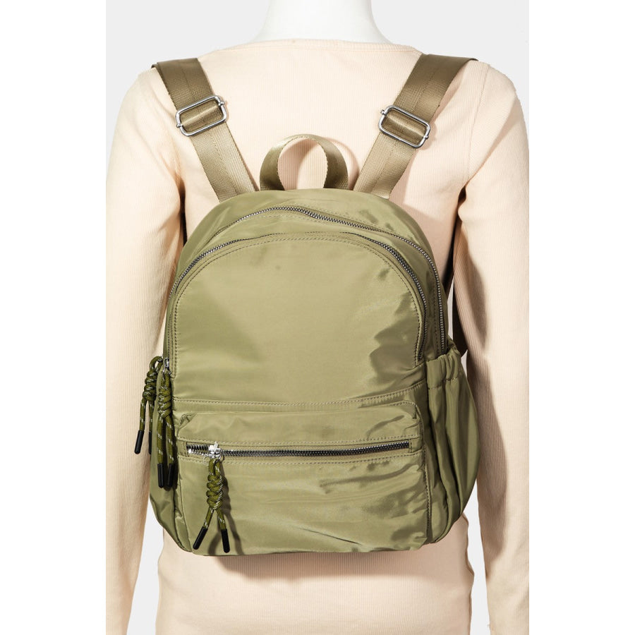 Fame Adjustable Strap Nylon Backpack Bag with Side Pockets Olive / One Size Apparel and Accessories