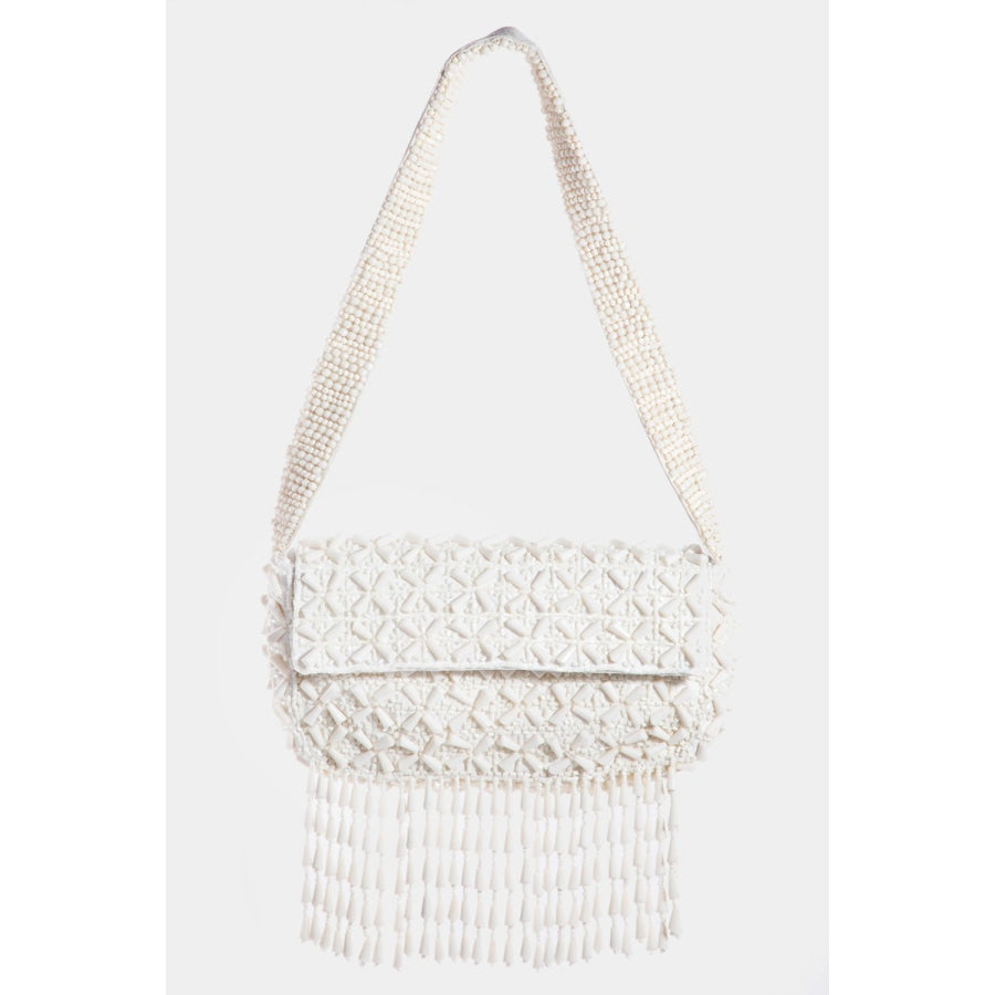 Fame Beaded Fringe Rectangle Shoulder Bag Cream / One Size Apparel and Accessories