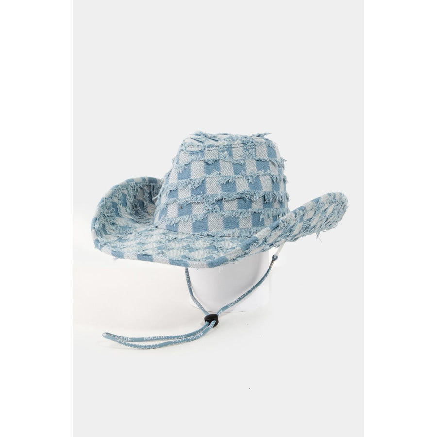 Fame Checkered Fringe Denim Cowboy Hat Blue / One Size Apparel and Accessories