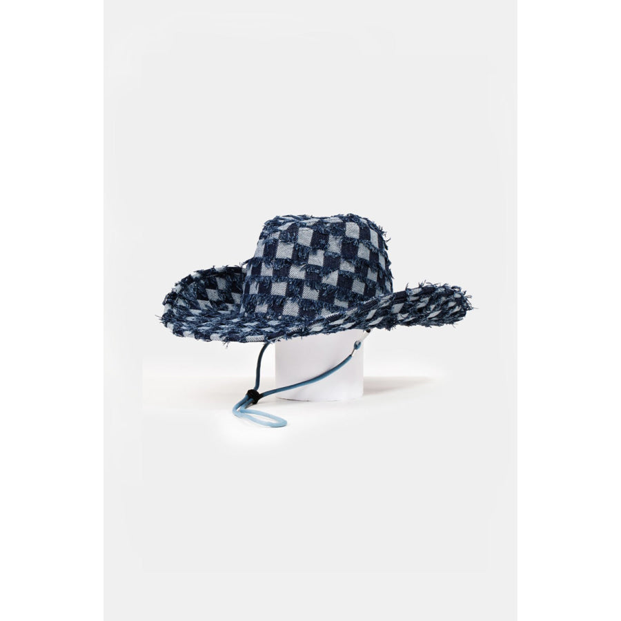 Fame Checkered Fringe Denim Cowboy Hat Dark Blue / One Size Apparel and Accessories