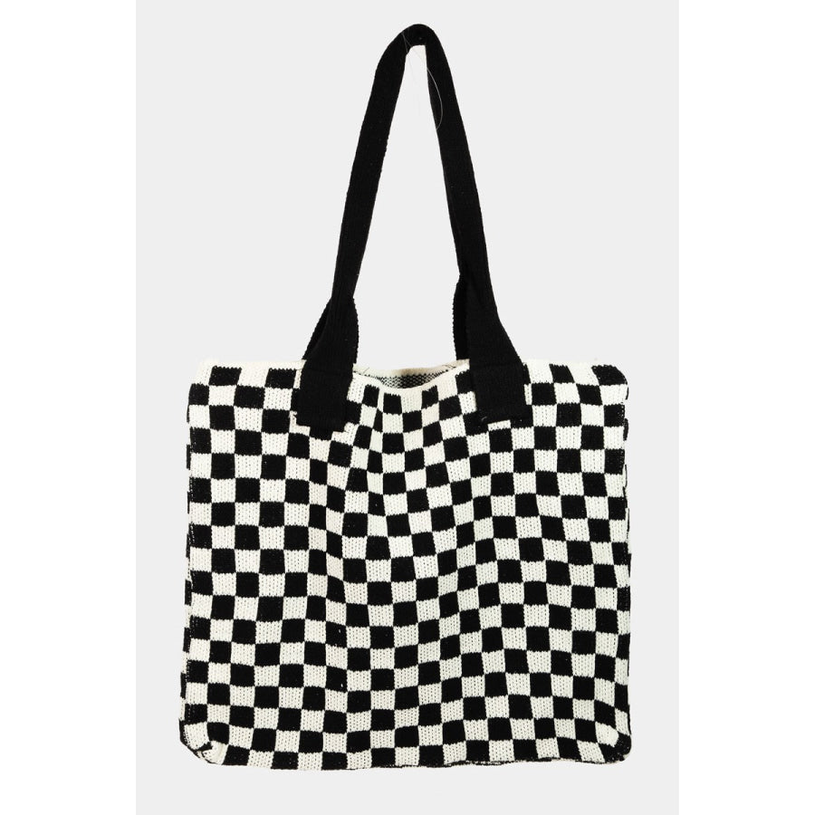 Fame Checkered Pattern Tote Bag Black / One Size Apparel and Accessories