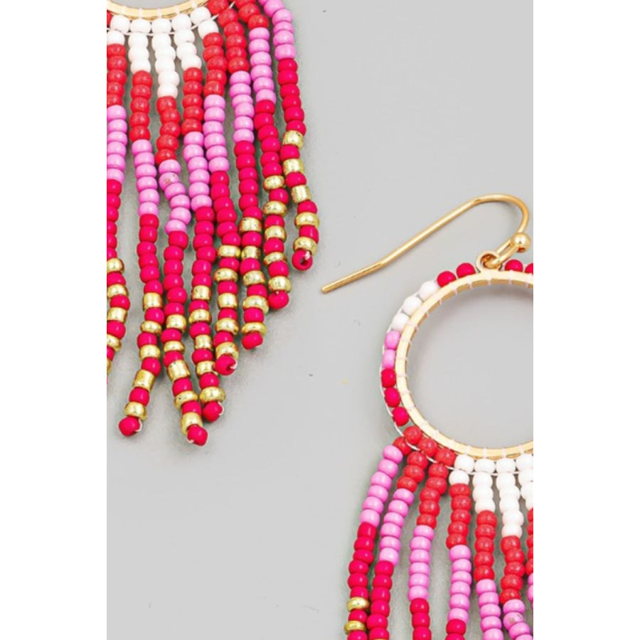 Fame Circle Cutout Seed Beaded Fringe Earrings Fuchsia / One Size Apparel and Accessories