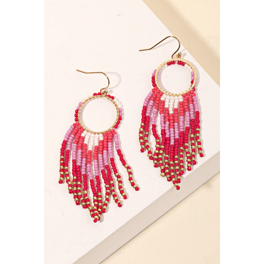 Fame Circle Cutout Seed Beaded Fringe Earrings Fuchsia / One Size Apparel and Accessories