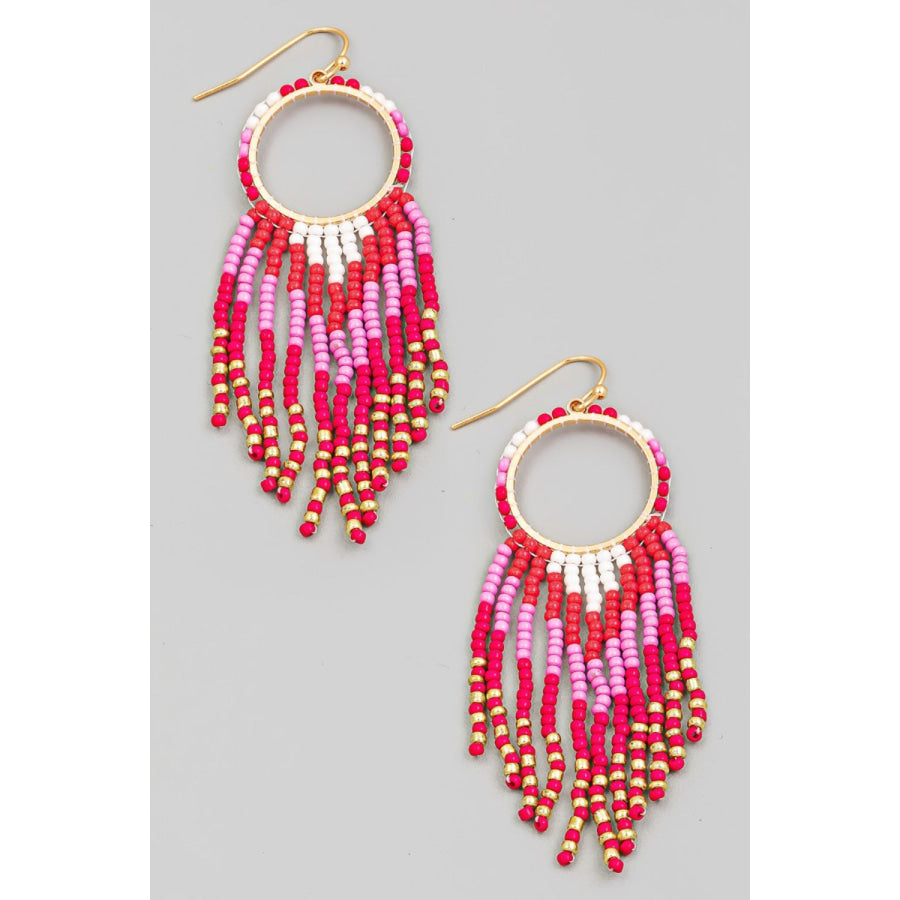 Fame Circle Cutout Seed Beaded Fringe Earrings Fuchsia / One Size Apparel and Accessories