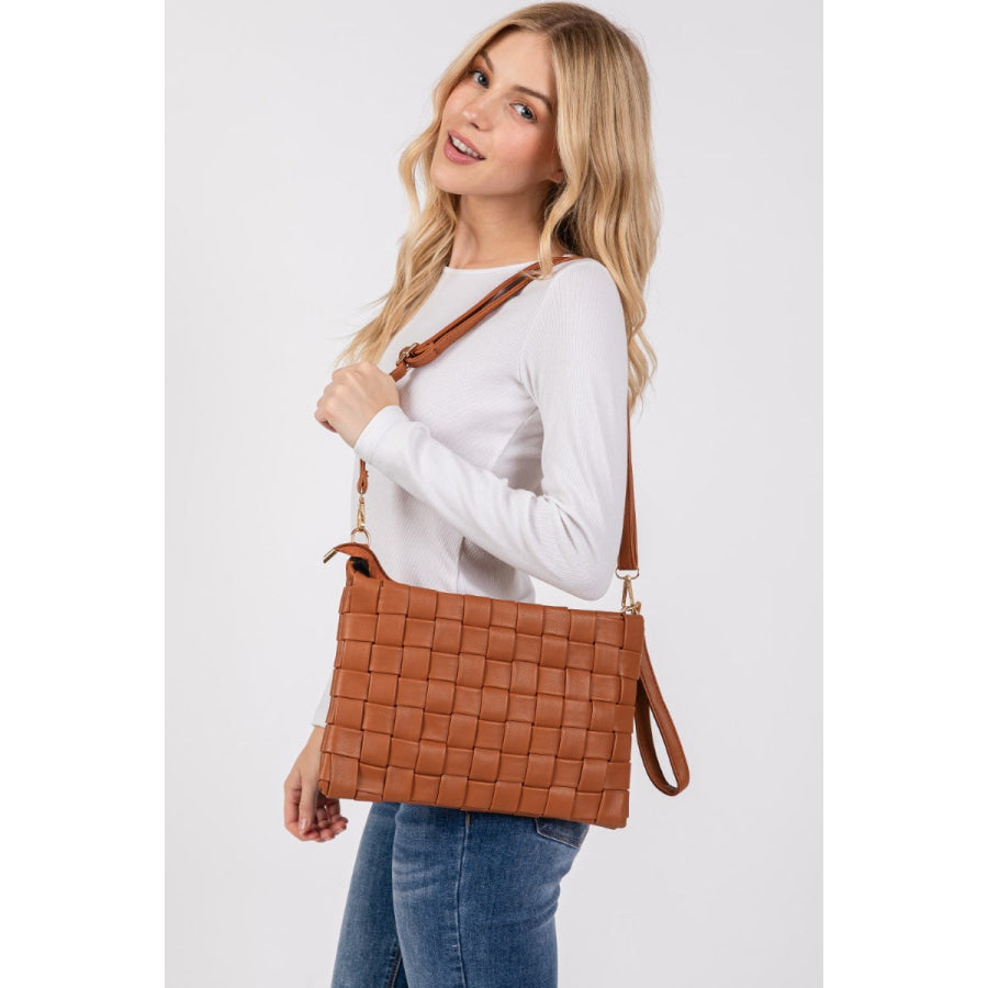 Fame Faux Leather Basket Weave Crossbody Bag Apparel and Accessories