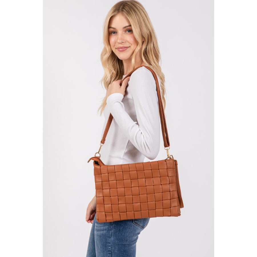 Fame Faux Leather Basket Weave Crossbody Bag Brown / One Size Apparel and Accessories