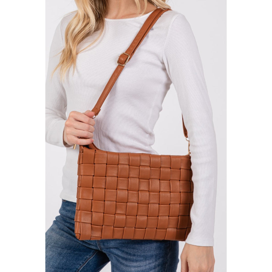 Fame Faux Leather Basket Weave Crossbody Bag Brown / One Size Apparel and Accessories