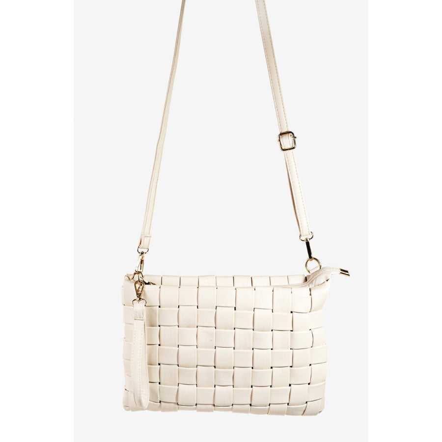 Fame Faux Leather Basket Weave Crossbody Bag Ivory / One Size Apparel and Accessories