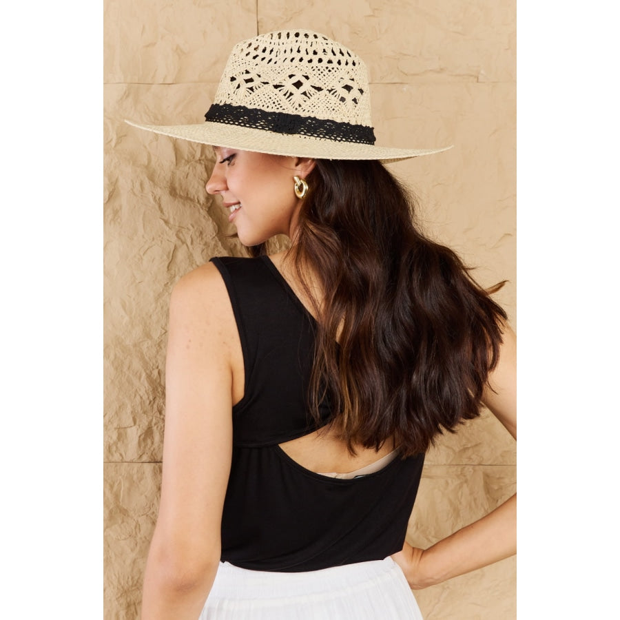 Fame Fight Through It Lace Detail Straw Braided Fashion Sun Hat Ivory / One Size