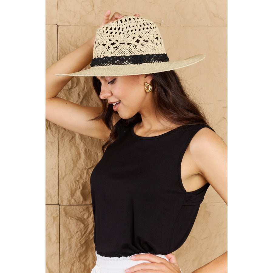 Fame Fight Through It Lace Detail Straw Braided Fashion Sun Hat Ivory / One Size