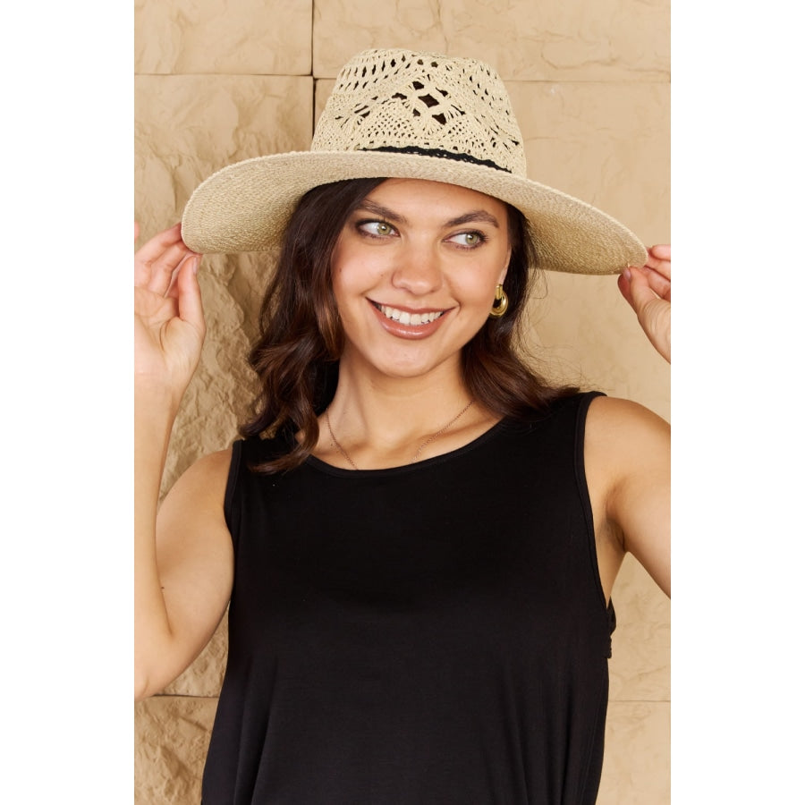 Fame Fight Through It Lace Detail Straw Braided Fashion Sun Hat Ivory / One Size