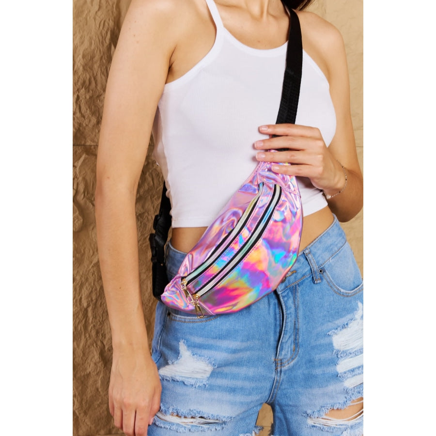 Fame Good Vibrations Holographic Double Zipper Fanny Pack in Hot Pink Hot Pink / One Size