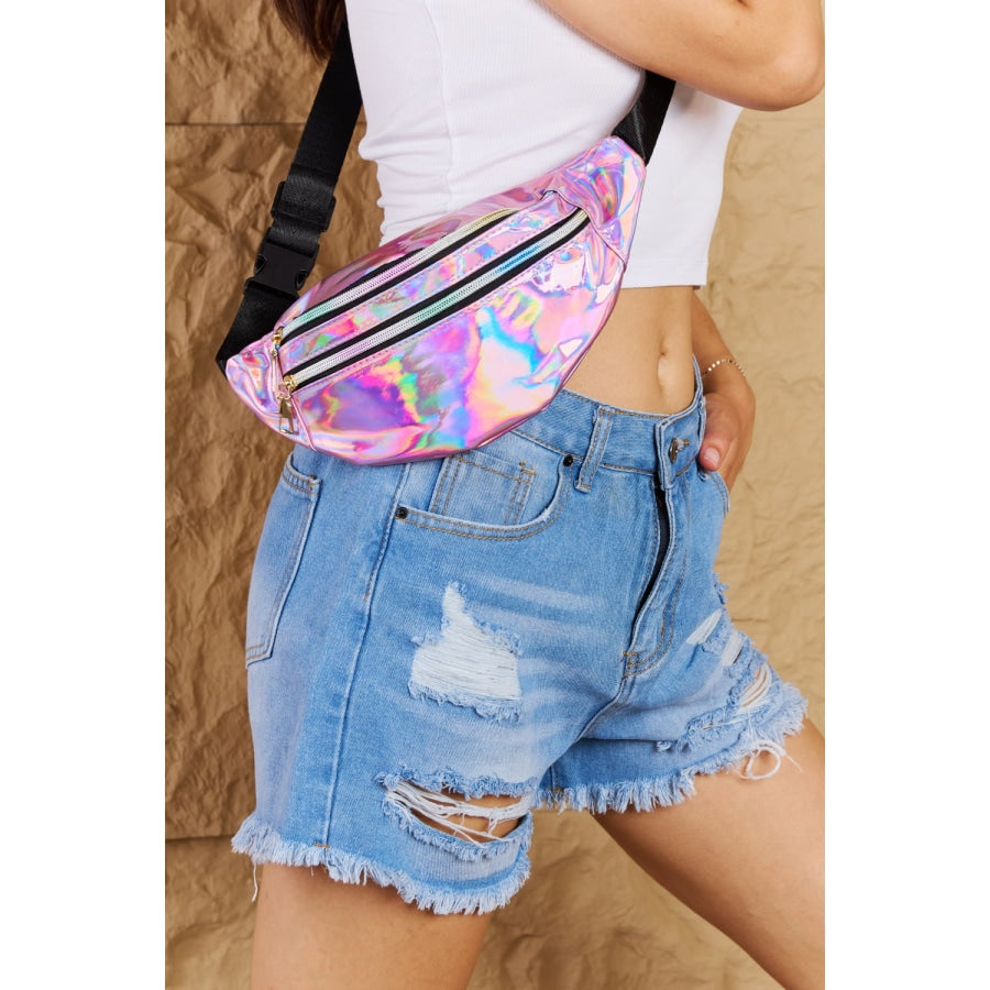 Fame Good Vibrations Holographic Double Zipper Fanny Pack in Hot Pink Hot Pink / One Size