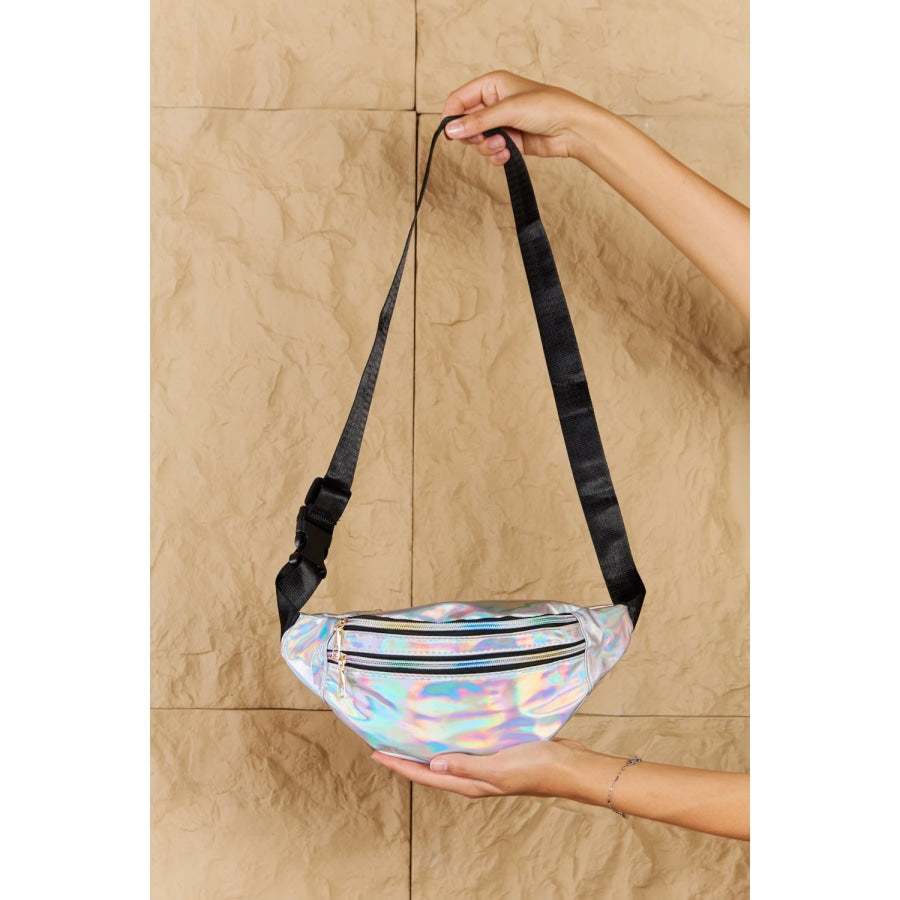 Fame Good Vibrations Holographic Double Zipper Fanny Pack in Silver Silver / One Size