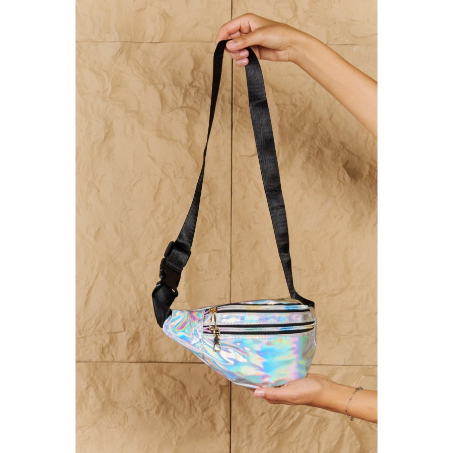 Fame Good Vibrations Holographic Double Zipper Fanny Pack in Silver Silver / One Size