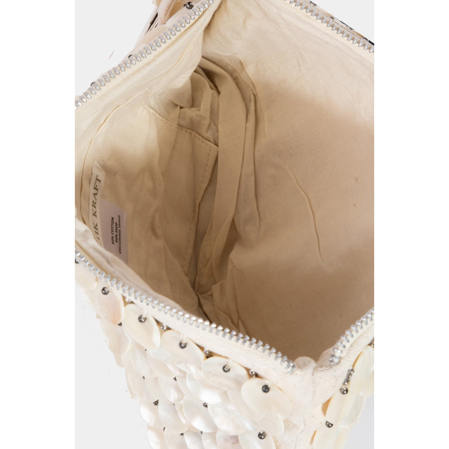 Fame Mother Of Pearl Disc Beaded Rectangle Bag Ivory / One Size Apparel and Accessories