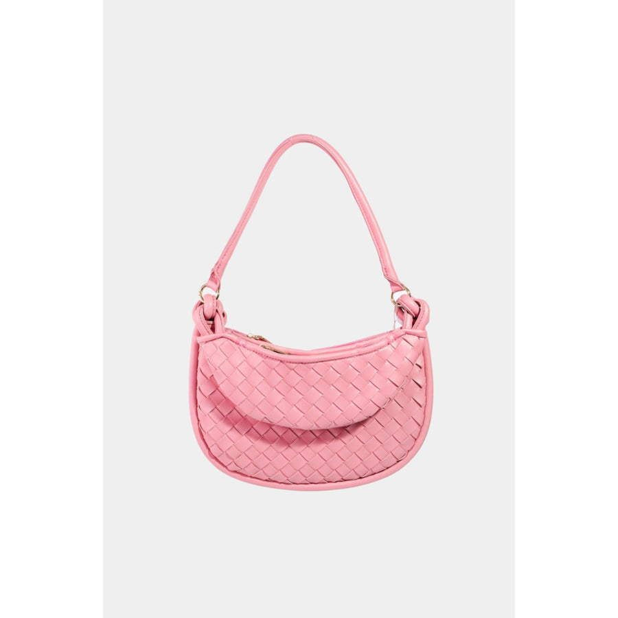 Fame PU Leather Basket Weave Half Moon Bag Pink / One Size Apparel and Accessories