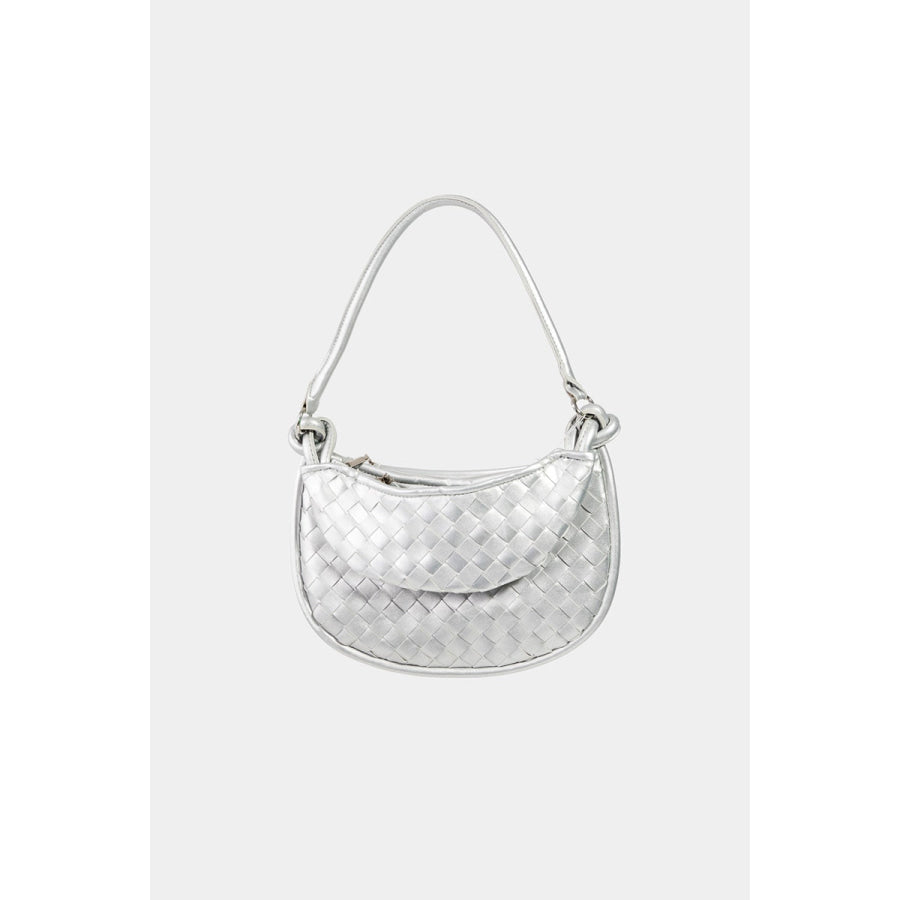 Fame PU Leather Basket Weave Half Moon Bag Silver / One Size Apparel and Accessories