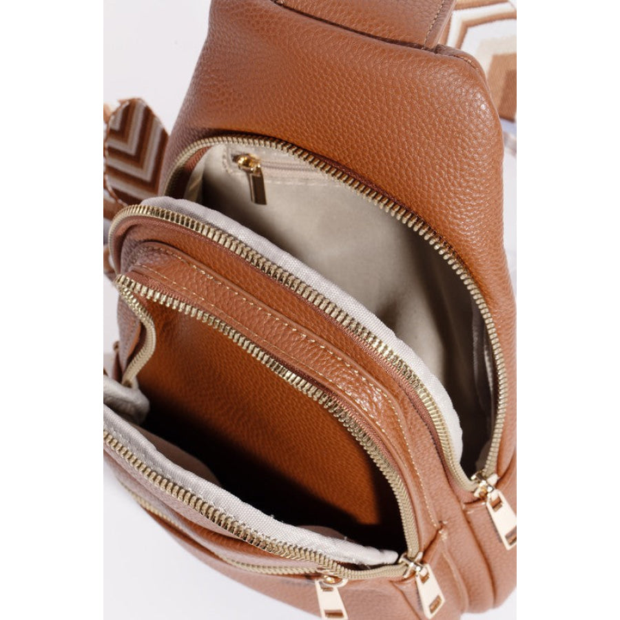 Fame PU Leather Chevron Strap Crossbody Bag Caramel / One Size Apparel and Accessories