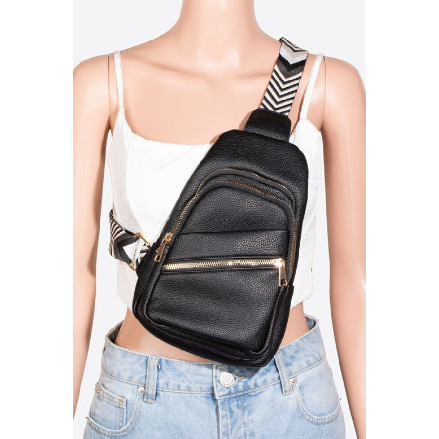 Fame PU Leather Chevron Strap Crossbody Bag Black / One Size Apparel and Accessories