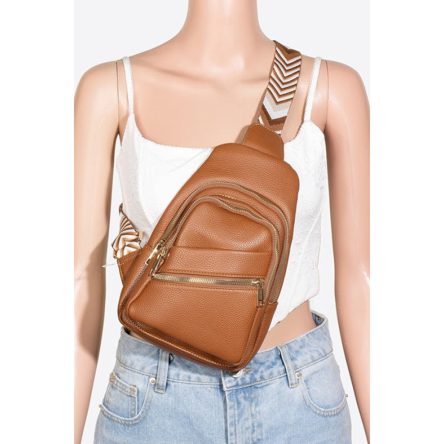 Fame PU Leather Chevron Strap Crossbody Bag Caramel / One Size Apparel and Accessories