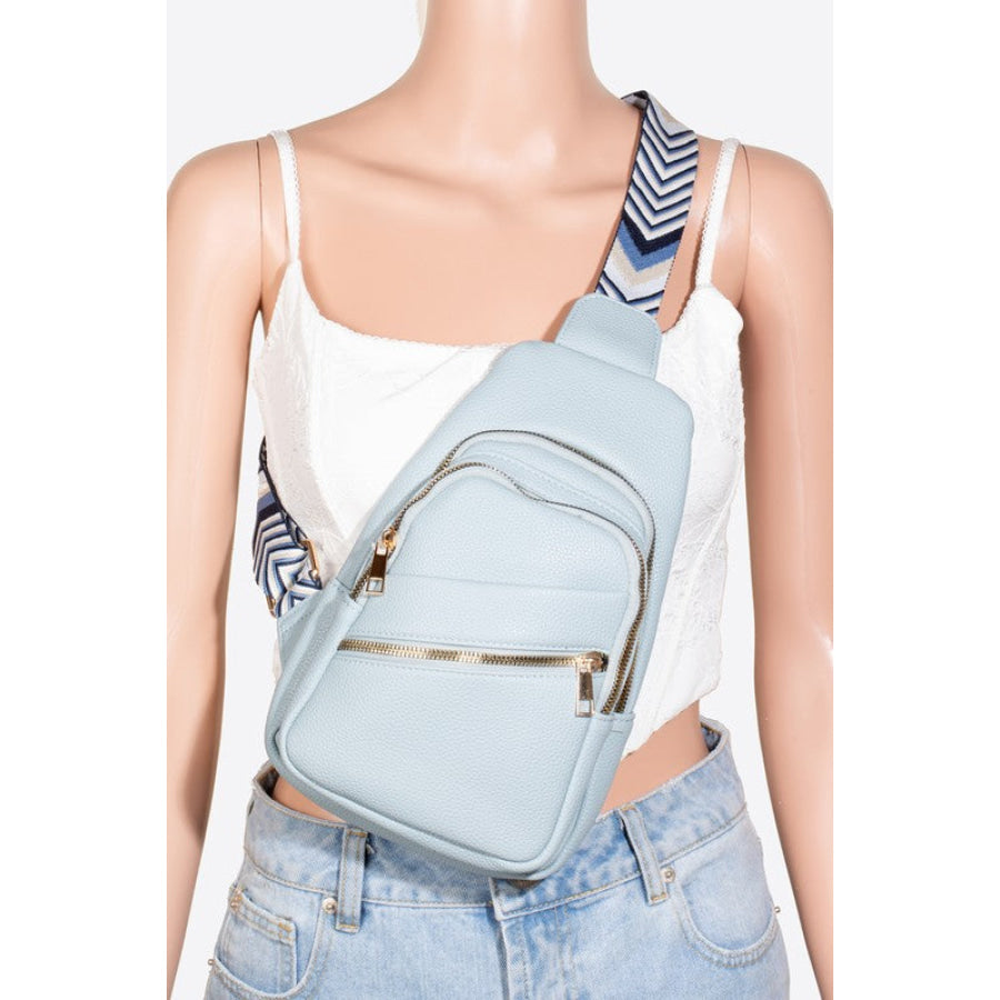 Fame PU Leather Chevron Strap Crossbody Bag Light Blue / One Size Apparel and Accessories